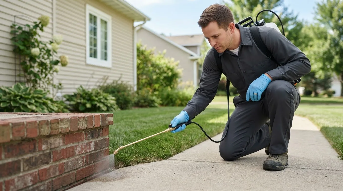 Pest control technician treating a home near Dike, TX