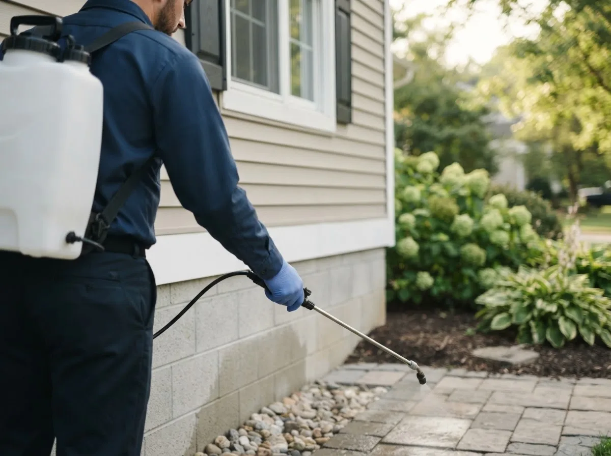 Pest control technician inspecting a home in Dike, TX